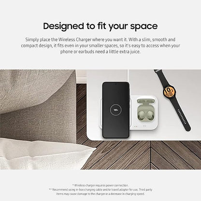 Samsung 15W Wireless Charger Duo w/USB C Cable, Dual Charging, Cordless Super Fast Charging Pad for Galaxy Phones and Devices, Compact Design, LED Indicator, 2022, US Version, White