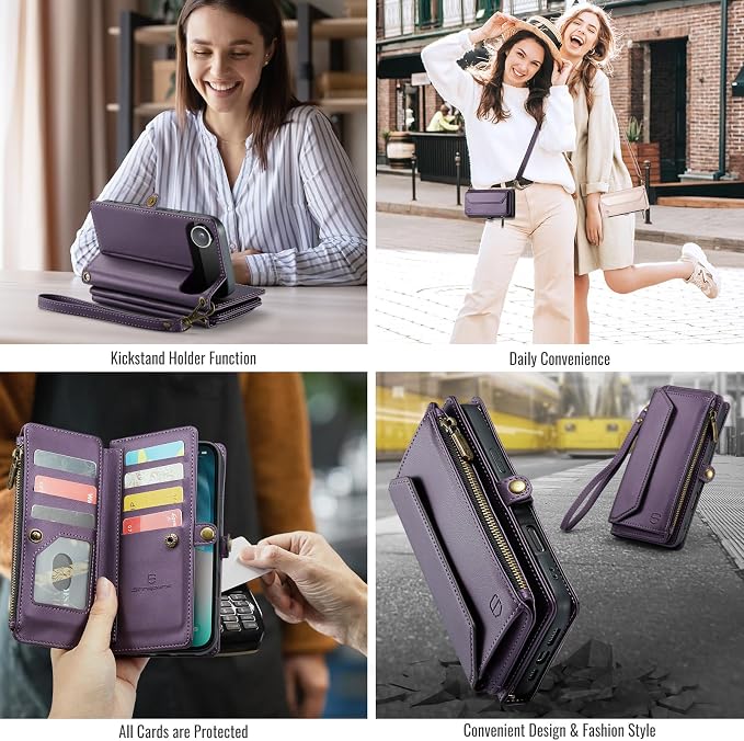 Strapurs Wallet Case Compatible with iPhone Air 6.5" RFID Blocking 10-Card Holder Soft PU Leather Magnetic Snap Shoulder Strap Zipper Pocket Phone Case Fit for iPhone 17 Air for Women - Purple