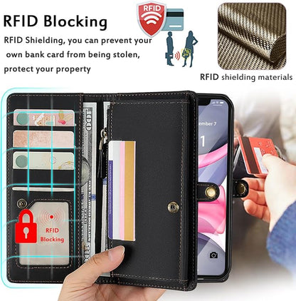for Wallet Case Compatible with iPhone 11,Multi-Function Detachable 2 in 1 Magnetic iPhone 11 Case Wallet,Flip Strap Zipper Card Holder Phone Case with Shoulder Straps (Black)