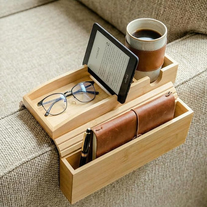 Bamboo Couch Cup Holder Tray, Couch Armrest Table with Side Storage Pocket and Phone Holder, Non-Slip Couch Caddy Tray for Drinks, Snacks, Remote and Phone