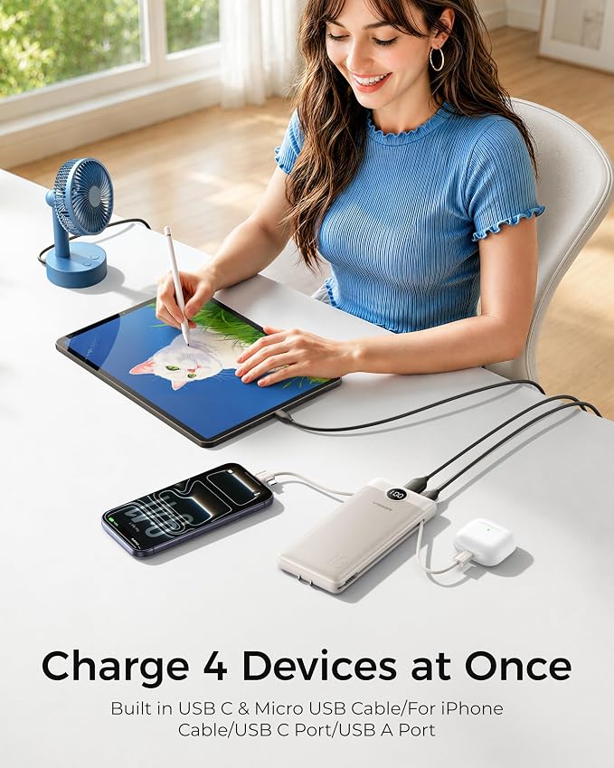 VEGER Portable Charger with Built-in AC Plug and Cables, All in One 10000mAh Ultra Slim Power Bank Travel Essentials, USB C External Battery Pack Compatible with iPhone, Samsung, More, Coffee