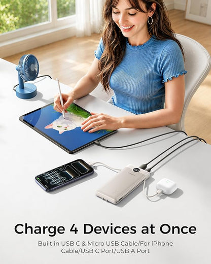 VEGER Portable Charger with Built-in AC Plug and Cables, All in One 10000mAh Ultra Slim Power Bank Travel Essentials, USB C External Battery Pack Compatible with iPhone, Samsung, More, Coffee