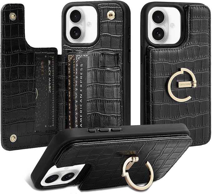 CUSTYPE Compatible with iPhone 17 Wallet Case with Card Holder,180°Ring Holder Kickstand Card Slots Case,PU Leather Protective Case for iPhone 17 6.3 inch-Black