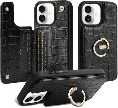 CUSTYPE Compatible with iPhone 17 Wallet Case with Card Holder,180°Ring Holder Kickstand Card Slots Case,PU Leather Protective Case for iPhone 17 6.3 inch-Black
