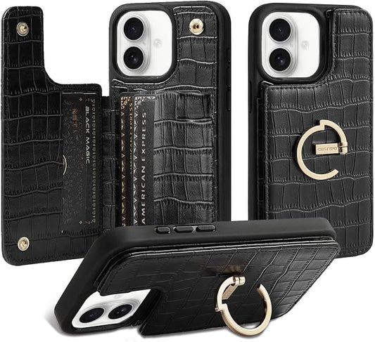 CUSTYPE Compatible with iPhone 17 Wallet Case with Card Holder,180°Ring Holder Kickstand Card Slots Case,PU Leather Protective Case for iPhone 17 6.3 inch-Black