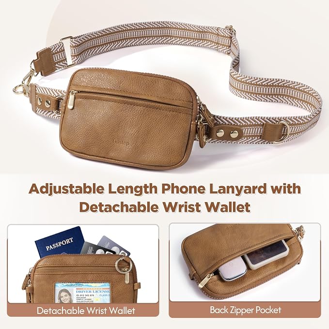 Tiostep Clip and Go Strap for Phone with Wallet Crossbody Phone Lanyard Adjustable and Anti-Theft Leather Purse with RFID Zipper Pouch for Travel Daily Life. Brown Medium