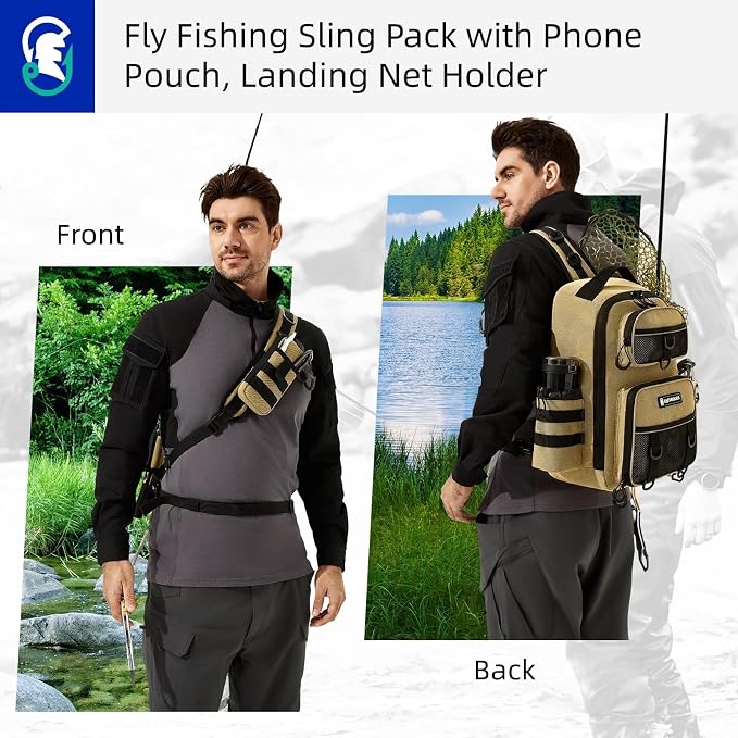22L Fly Fishing Sling Bag - Fits 3x 3700 Tackle Boxes, 12 D-Rings, Rod Holster, Water Bottle Holder, Phone Pocket (Tan)