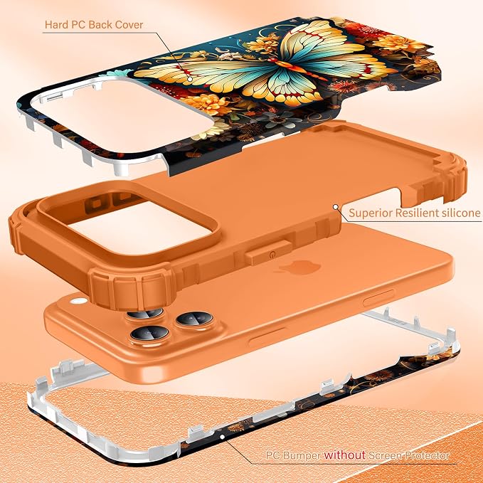 Hocase for iPhone 17 Pro Max Case, Heavy Duty Shockproof Protection Soft Silicone Rubber+Hard Plastic Bumpers Hybrid Protective Case for iPhone 17 Pro Max 2025 - Butterfly in Orange