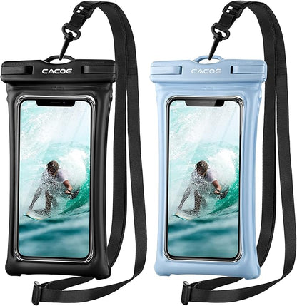 CACOE [Floatable] Floating Universal Waterproof Phone case 2 Pack-Up to 7.0",Phone Pouch with Adjustable Neck Lanyard,IPX8 Cellphone Dry Bags for Vacation Water Activities（Black+Light Blue）