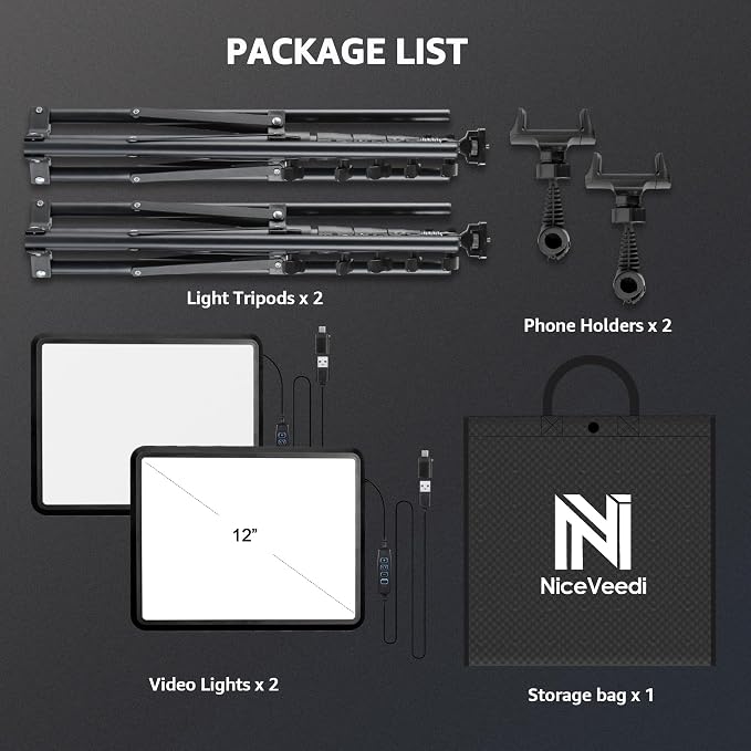 2-Pack LED Video Light Kit, NiceVeedi Studio Light, 2800-6500K Dimmable Photography Lighting Kit with Tripod Stand&Phone Holder, 73" Stream Light for Video Recording, Game Streaming, YouTube