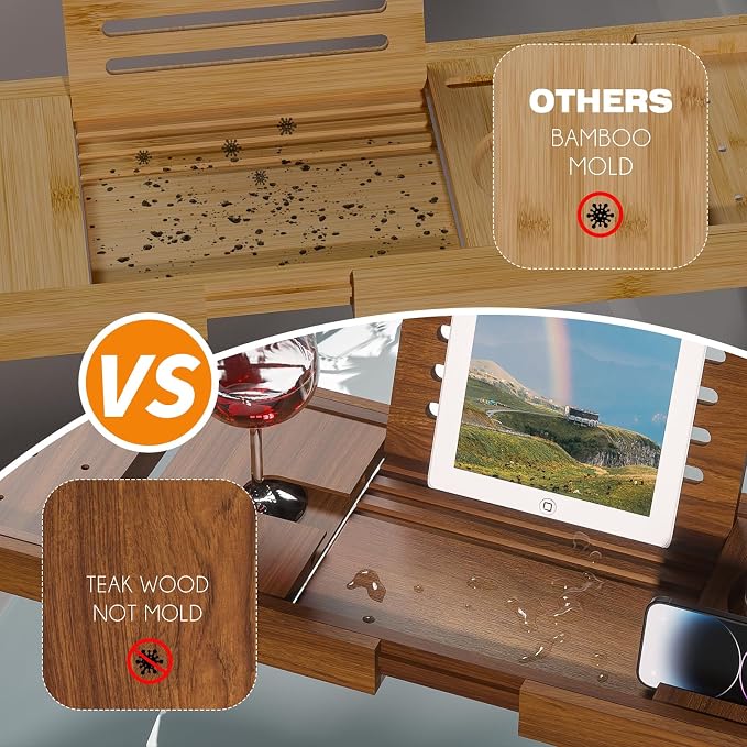 Kiasthome Teak Bathtub Caddy, Expandable Bath Tray, Non‑Slip Luxury Tub Caddy with Wine Phone Tablet Holder, Wooden Bath Accessory for Home Spa and Gift