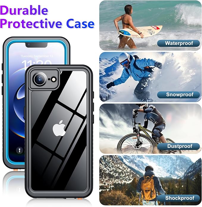 Temdan Compatible with iPhone 16e Case Waterproof, Built-in Screen & Camera Protector IP68 Underwater Full Body 16FT Military Dropproof Shockproof Phone Case for iPhone 16e 6.1"-Blue/Clear