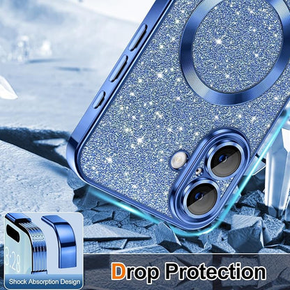 Hython for iPhone 17 Case Glitter Clear Magnetic Phone Cases [Compatible with MagSafe] Full Camera Lens Protector Sparkle Luxury Plating Slim Shockproof Protective Cover Women, Deep Blue