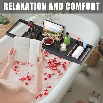 Foldable Bathtub Caddy Tray for Tub,Bamboo Expandable Bath Table Trays,Premium Bathroom Accessories for New Home & Mothers Day & Birthday Gifts for Couples,Black