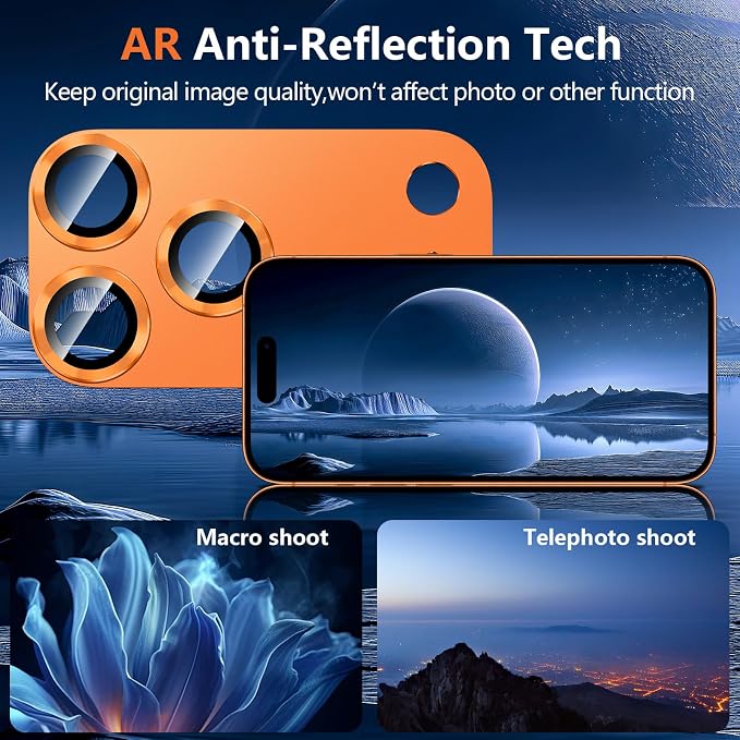 for iPhone 17 Pro Camera Lens Protector, [Military Grade Shatterproof] [Strong Adsorption] [Case Friendly] Full Coverage Metal Aluminum Alloy 9H Tempered Glass Camera Screen Cover, Orange