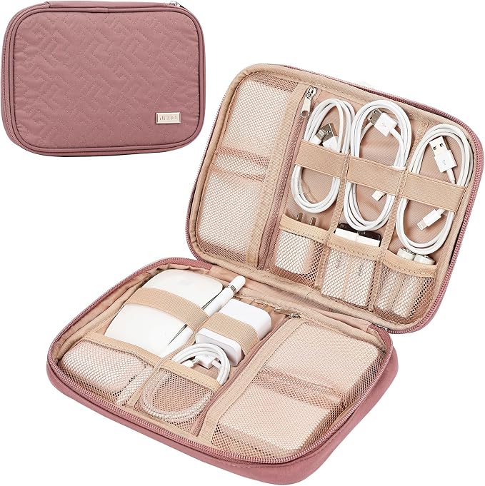 NISHEL Travel Cord Organizer, Electronic Cable Accessories Storage Bag | Bag for chargers, cables, phones, hard drives, USB devices and SD cards, ideal for travel and daily use, Rosewood-Pink