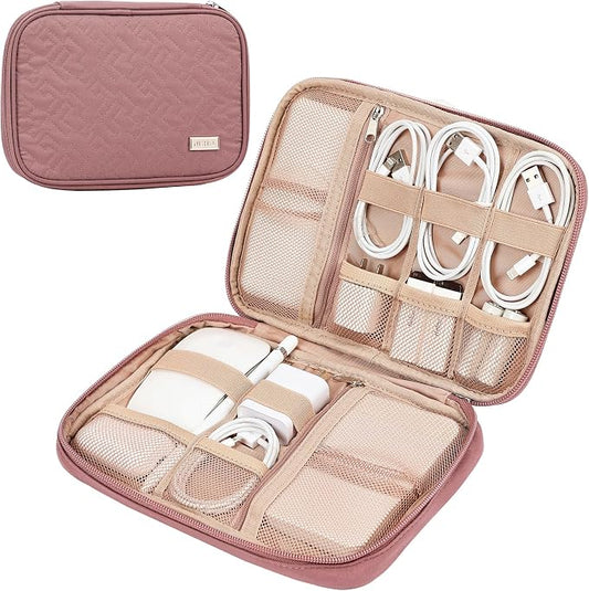 NISHEL Travel Cord Organizer, Electronic Cable Accessories Storage Bag | Bag for chargers, cables, phones, hard drives, USB devices and SD cards, ideal for travel and daily use, Rosewood-Pink