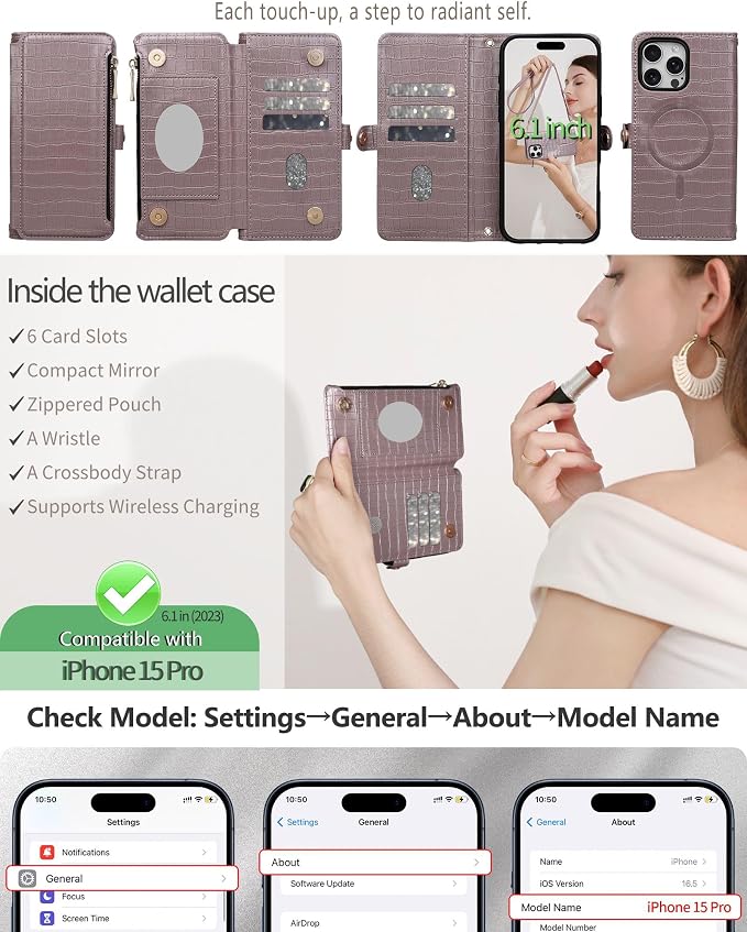 Crossbody Wallet Case for iPhone 15 Pro with Mirror, Wrist Strap, Zipper Purse Magnetic Flip RFID Blocking Card Holder, Wireless Charging, PU Leather Shockproof 6.1" Women (Rose Gold)
