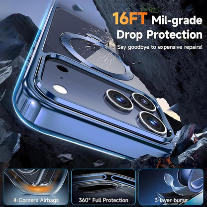 [Tri-Shield Protection] for iPhone 17 Pro Case with 360° Spin Stand Compatible with MagSafe [Magnetic CD Ring] [Screen & Camera Lens Protector] Shockproof Plating Never-Yellowing, Blue-6.3"