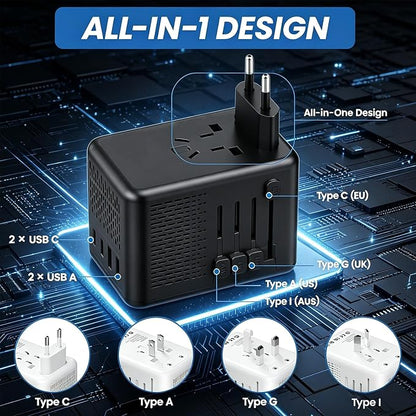 220V to 110V Voltage Converter US to Europe for Hair Dryer, Power Converter Adapter Combo with Fast Charging 2 USB A & 2 USB C, International Adapter European Travel Converter C G A I (Black)