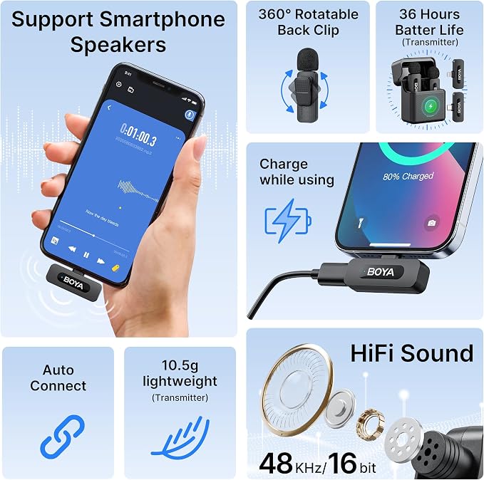 BOYA BY-V3 Combo Wireless Microphone for iPhone Android Smartphone,100M Los Range,36H Duration,Noise Cancellation,Plug&Play Lavalier Lapel Mics for Vlogging Interview 2-in-1 Charging Case(2TX+2RX)
