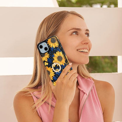 HAOPINSH for iPhone 13/ iPhone 14 Wallet Case with Card Holder, 360°Rotation Ring Kickstand, Blooming Sunflowers Pattern, RFID Blocking Leather for Girls Women,Double Buttons Protective Cover 6.1"