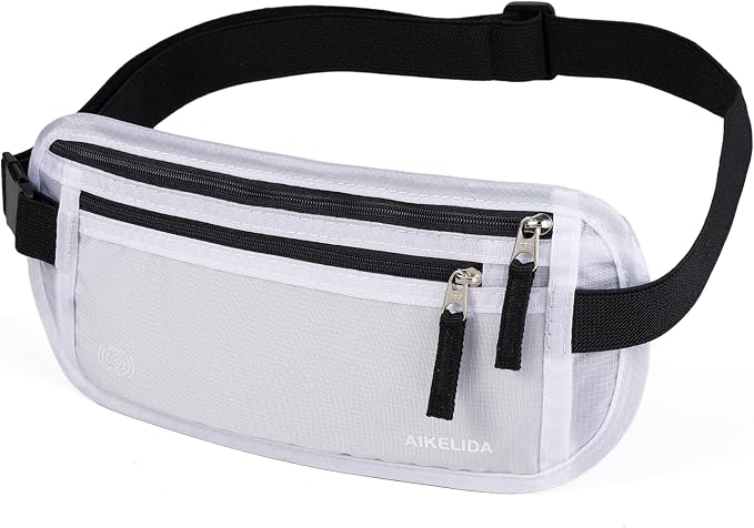 RFID Blocking Money Belt - Passport Holder & Travel Wallet, Slim Hidden Fanny Packs for Women Men - White