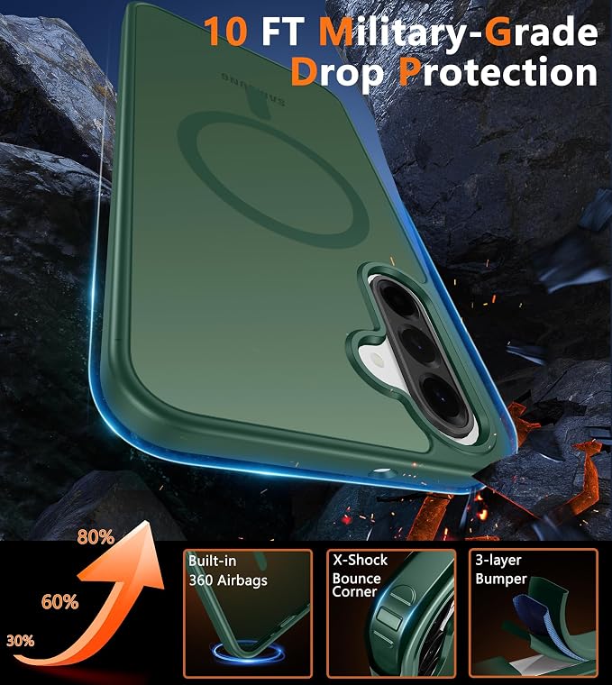 FNTCASE for Galaxy A26 5G Phone Case: Magnetic Matte Translucent Military Grade Drop Protection Cell Phone Cover - Slim Rugged Durable Shockproof Protective for Samsung A26 Cases - Green