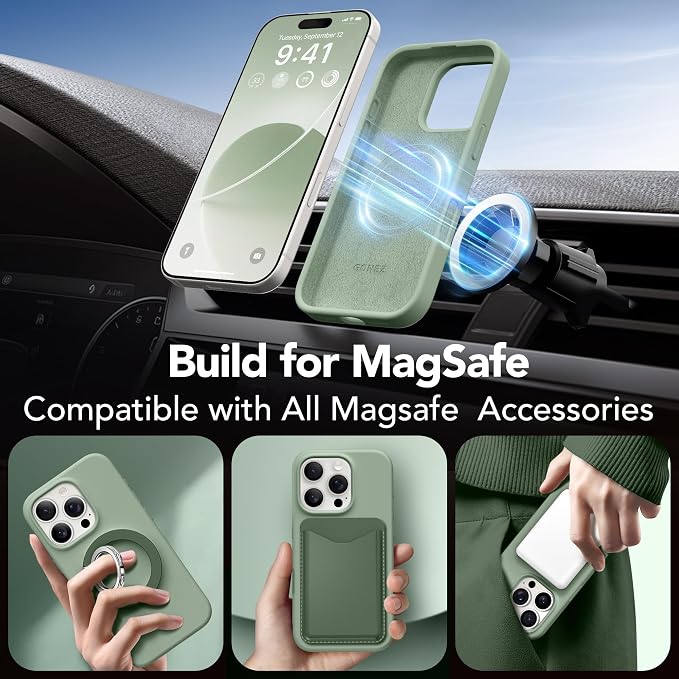 GONEZ Magnetic for iPhone 16 Pro Case, Compatible with MagSafe, [Screen Protector + Camera Lens Protector], Silicone Shockproof Anti-Scratch Protective Phone Case 6.3 inch, Light Green
