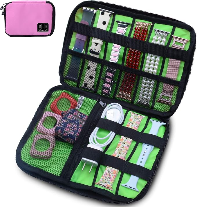 baozai Smart Watch Bands Organizer, Waterproof Portable Electronics Travel Accessories Organizer Bag for Watch Bands, Cable, Charger, Headset, SD Card, Pink