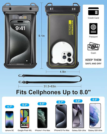 Waterproof Phone Pouch Floating- [3D Clear Soft Edges ] IP68 Waterproof Phone Case - iPhone 16/15/14/13 Pro Max Samsung 24/23/22 Ultra Google Up 7.5" - Detachable Lanyard - Front Clear + Back Bear