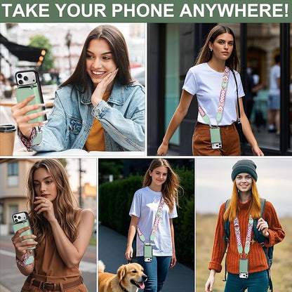 XANGNIER Wallet Case for iPhone 17 Pro with Strap, RFID Blocking PU Leather Crossbody Phone Purse with Card Holder, Zipper Pocket, Wrist Strap & Adjustable Lanyard for Women 6.3" 5G,Green