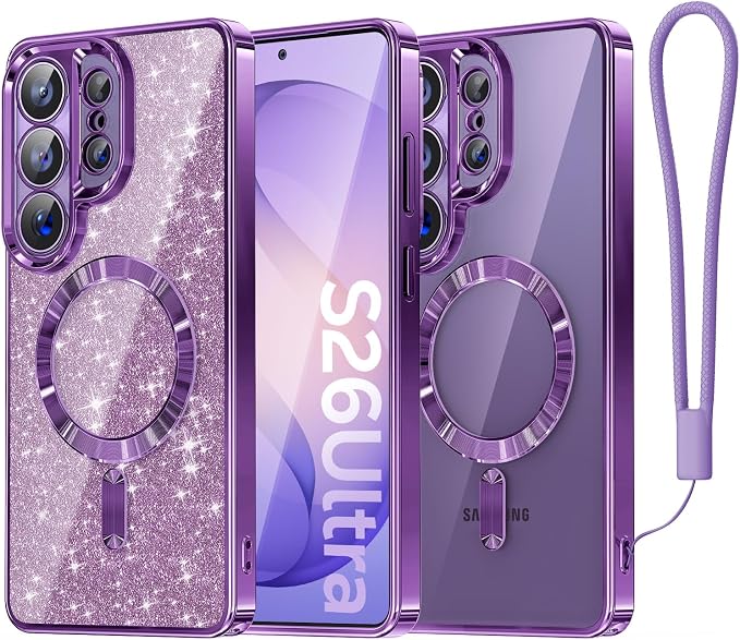 Meifigno Magnetic Case Designed for Samsung Galaxy S26 Ultra 6.9", [Compatible with MagSafe] [Removable Glitter Card & Wrist Strap], Surround Lens Protection Case for Galaxy S26 Ultra, Cobalt Violet