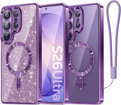 Meifigno Magnetic Case Designed for Samsung Galaxy S26 Ultra 6.9", [Compatible with MagSafe] [Removable Glitter Card & Wrist Strap], Surround Lens Protection Case for Galaxy S26 Ultra, Cobalt Violet
