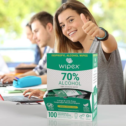 Wipex 70% Isopropyl Alcohol Wipes - Individually Wrapped Sachets, Large Electronic Wipes in Dispensing Box for Sanitizing - 100 Count (Pack of 12)