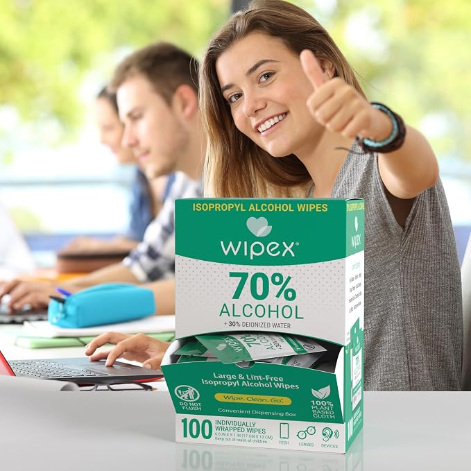 Wipex 70% Isopropyl Alcohol Wipes Individually Wrapped Sachets, Large Electronic wipes in Dispensing Box, Alcohol Prep Wipes, Screen Wipes & Tech Wipes for Sanitizing 100 Count (Pack of 2)