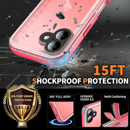 Cozycase for iPhone 16 Case Waterproof - 360 Heavy Duty with Screen/Camera Protector Shockproof IP68 Underwater Dustproof Water Dust Shock Proof Full Body/Front and Back Case Pink/Frosted Clear