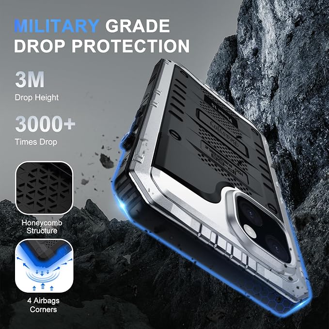 Beasyjoy for iPhone 15 Case Waterproof, Metal Heavy Duty Full Body Protective Case with Built-in Screen Protector, Military Grade Shockproof Dustproof Defender Rugged Cover for iPhone 15 6.1" Silver
