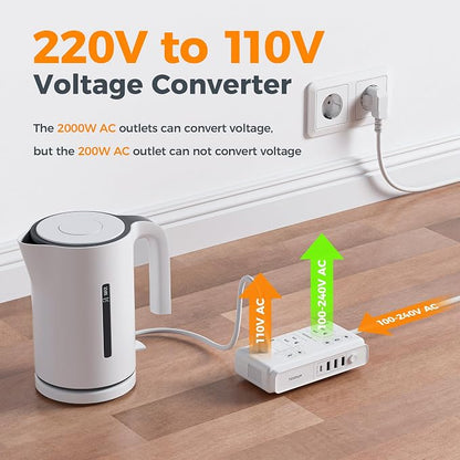 TESSAN Voltage Converter US to Europe, 220 to 110 | 4 USB Ports (1 USB C), 3 AC Outlets, EU UK AU IT IN ZA Plug Adapter, Step Down Transformer, 6 FT Cord