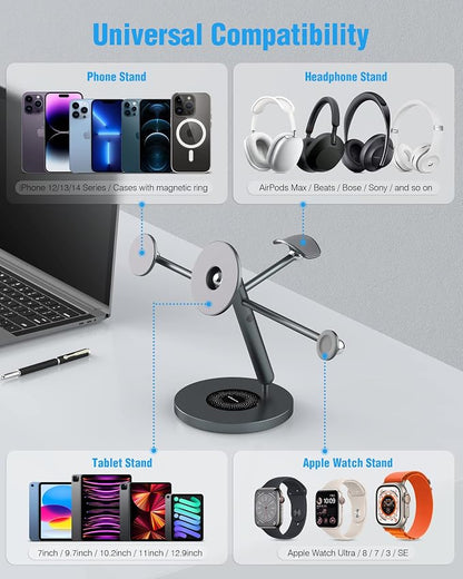 Nillkin Tablet Stand with MagSafe Ring, 4 in 1 Magnetic Stand for Tablet/Phone/Apple Watch/Headphone, 360º Rotating, DIY at Will, Aluminum Cell Phone Stand, Tablet Stand for Desk, Supports 5-13 inch