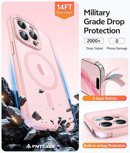 FNTCASE for iPhone 15 Pro Case: [Compatible with Magsafe] Translucent Matte Cases with [Full Camera Protection] [Screen Protector] Military Grade Shockproof Protective Phone Cover - Light Pink