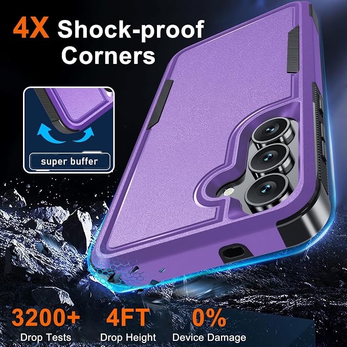 for Samsung Galaxy S25 FE Case with Screen Protector+Camera Lens Cover,Military Grade Heavy Duty Shockproof Phone Cover with Wrist Lanyard Strap for Samsung S25fe,Lavender