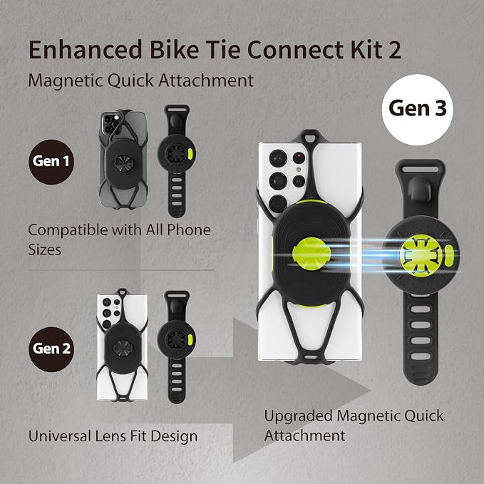 Bone Bike Tie Connect Kit 2 Magnetic, Magnetic Bike Phone Mount for Stem, Detachable & 360° Rotatable Silicone Phone Holder Compatible with Most Smartphones (Stem - Quick Release Kit)