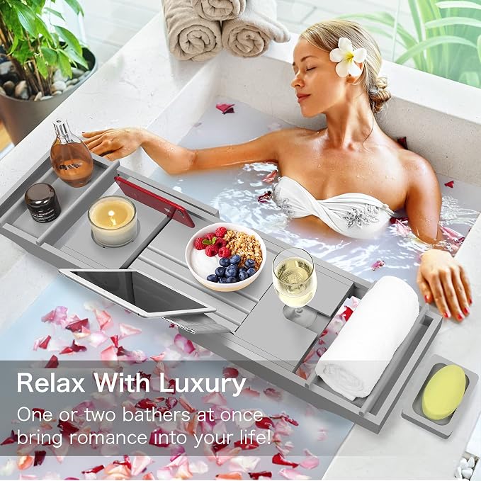 Bamboo Bathtub Caddy Tray (Non-Foldable, Gray)