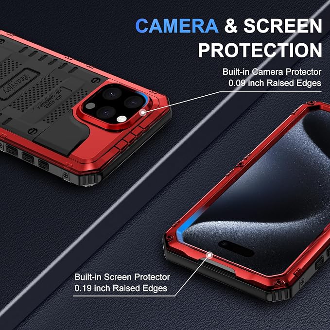 Beasyjoy for iPhone 15 Pro Max Case Waterproof, Metal Heavy Duty Full Body Protective Case with Built-in Screen Protector, Military Grade Shockproof Defender Cover for iPhone 15 Pro Max 6.7", Red