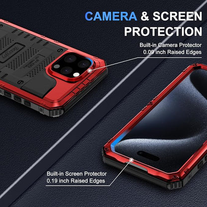 Beasyjoy for iPhone 15 Pro Max Case Waterproof, Metal Heavy Duty Full Body Protective Case with Built-in Screen Protector, Military Grade Shockproof Defender Cover for iPhone 15 Pro Max 6.7", Red