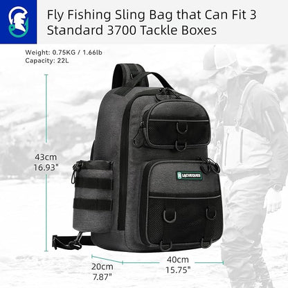 22L Fly Fishing Sling Bag - Fits 3x 3700 Tackle Boxes, 12 D-Rings, Rod Holster, Water Bottle Holder, Phone Pocket (Grey)