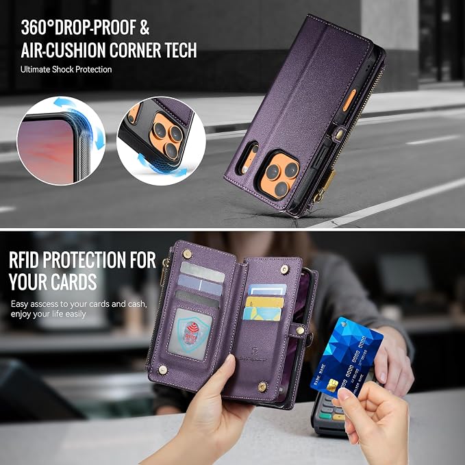 Strapurs for iPhone 17 Pro Max Detachable Wallet Case Compatible with Magsafe, RFID Blocking 9-Card Holder Zipper Strap Lanyard PU Leather Magnetic Phone Case for iPhone 17 Pro Max 6.9", Purple