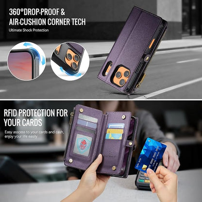 Strapurs for iPhone 17 Pro Detachable Wallet Case Compatible with Magsafe, RFID Blocking 9-Card Holder Zipper Wrist Strap Lanyard PU Leather Magnetic Phone Case for iPhone 17 Pro 6.3", Purple