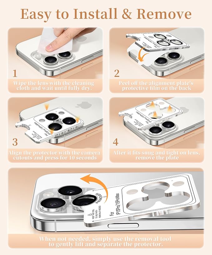 GolbinBox Camera Lens Protector for iPhone 15 Pro/15 Pro Max, 1:1 Invisible Fit, 9H Tempered Glass Ultra HD Metal Individual Camera Cover, Case Friendly, Silver